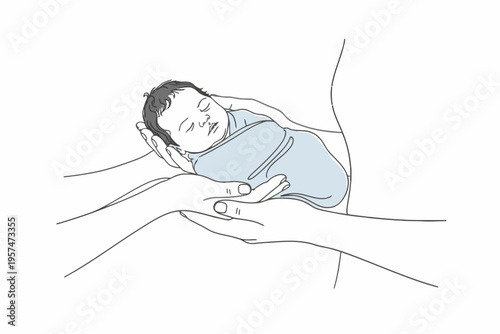 Swaddled newborn baby held by hands line art illustration