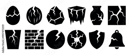 Collection of various cracked and broken objects represented as black silhouette icons, symbolizing damage, fragility, and destruction.