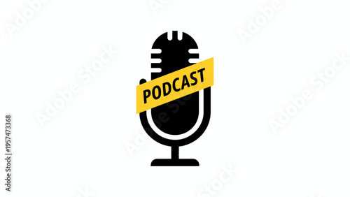 Podcast Microphone Icon with Yellow Banner on White Background