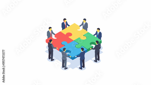 Businessmen assembling large puzzle pieces for teamwork isometric