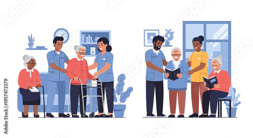 Caregivers Assisting Diverse Seniors with Mobility and Reading in Assisted Living Facility