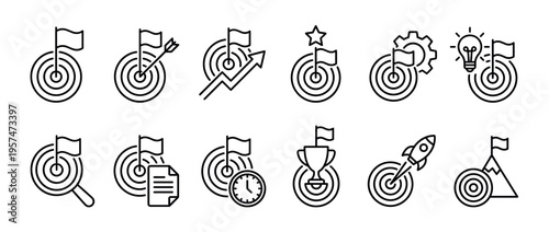 Goal icons set with various symbols representing achievement, success, strategy, and business objectives.