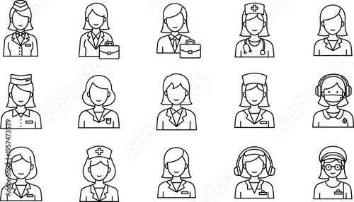 Female profession avatars icons set with nurse, doctor, businesswoman, operator and service workers outline vector illustration collection