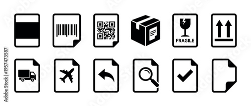 Shipping icons and logistics symbols set for delivery, transportation, and tracking services in a modern business context.