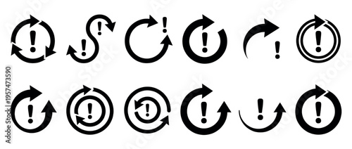 Set of black arrow and exclamation mark icons indicating warnings, errors, updates, and important information for user interfaces.