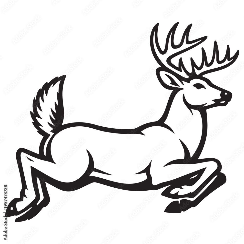 Naklejka premium Leaping white-tailed deer buck vector illustration with large antlers in black and white outline style