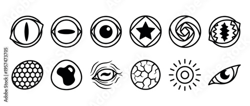 Collection of diverse eye icons featuring various abstract shapes and patterns, perfect for fantasy, gaming, or mystical design elements.