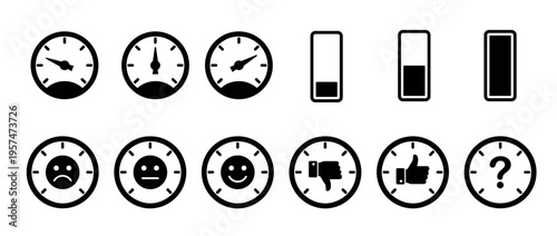 Status indicator icons set featuring gauges, battery levels, feedback emojis, and question marks for various digital interfaces.
