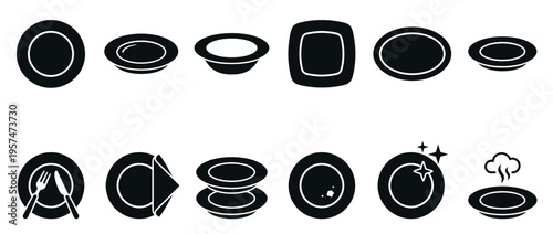 Plates and dishes icon set illustrating various kitchenware items and dining concepts for culinary design.