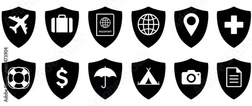 Collection of shield icons representing various types of protection, insurance, and safety for travel, health, and financial security.