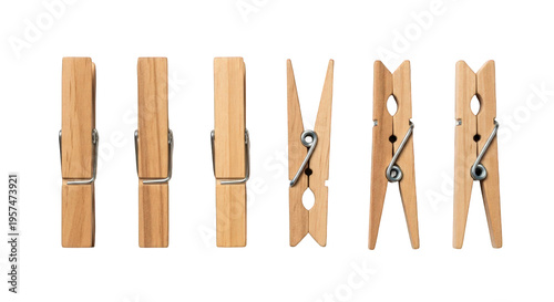 Wooden clothes pins isolated on transparent background set of six