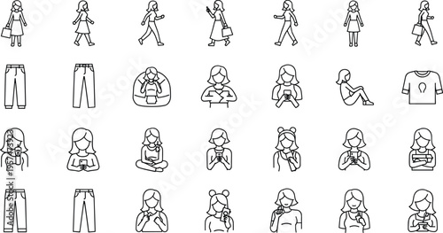 Female lifestyle and daily activities icons set with walking, sitting, texting and clothing outline vector illustration collection
