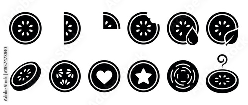Fruit slices icon set featuring various citrus and watermelon designs with seeds, bites, drops, and leaves, perfect for healthy food and beverage concepts.