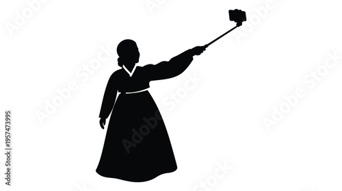 Silhouette of a woman in traditional Hanbok dress taking a modern selfie with a stick, symbolizing the unique blend of culture and contemporary life