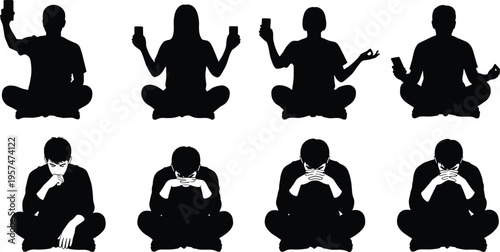 Meditation people silhouette set, man and woman sitting lotus pose with smartphone isolated vector illustration collection