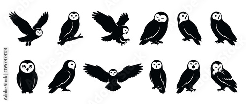 Owls birds silhouettes vector icon set collection showcasing various poses and expressions of these nocturnal raptors, perfect for design elements.