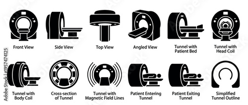 MRI scanner machine medical imaging equipment icons set showing various views, patient interaction, and internal components for diagnostic purposes.