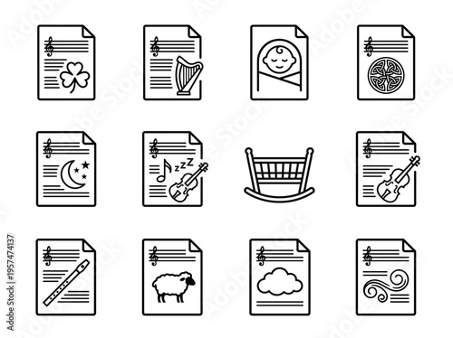 Music sheets icons set with various symbols including a baby, cradle, harp, and sheep, representing lullabies and folk melodies.