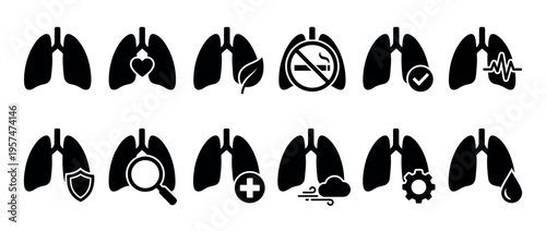 Human lungs health and medical care icons set illustrating various conditions and protective measures for the respiratory system.