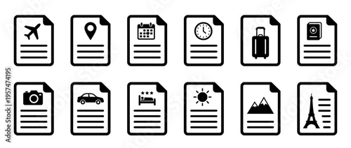 Travel planning documents and itinerary icons set for vacation organization and journey management, representing various aspects of a trip.