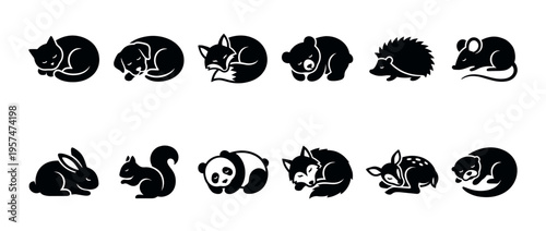 Cute sleeping animal icons set featuring various wildlife creatures like fox, bear, rabbit, and deer in a simple graphic style.