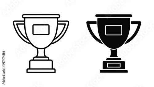 Simple black and white trophy icons in line art and solid fill styles for awards and recognition purposes easily customizable