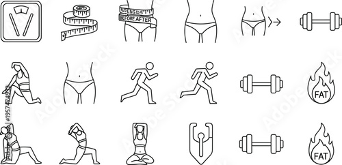 Fitness and weight loss icons set with body transformation, exercise, running, yoga and fat burning outline vector illustration collection