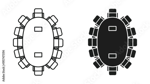 Oval conference tables with chairs in black and white illustrations