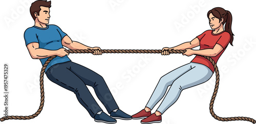 Illustration of a couple pulling on a thick rope from its two ends, a concept for a debate, isolated on white background
