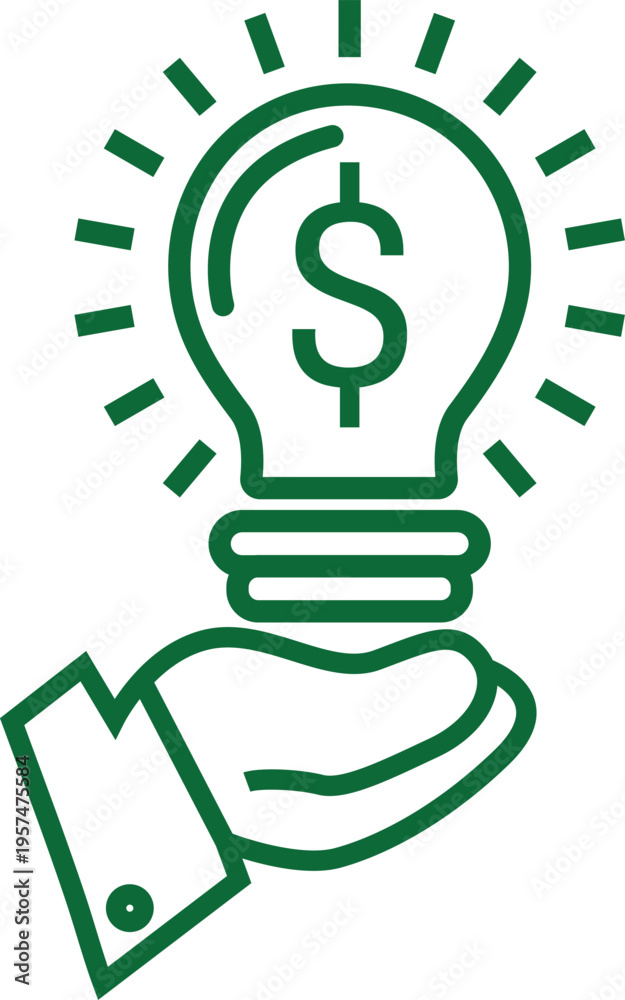 Fototapeta premium A minimalist green icon depicting a hand holding a glowing lightbulb with a dollar sign inside it