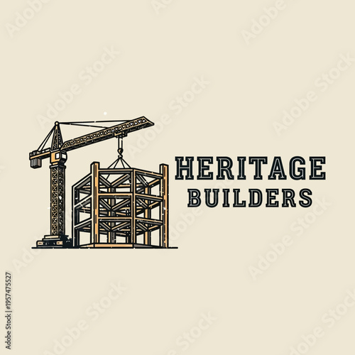 Vintage Style Crane and Timber Frame Building Construction Logo for Heritage Builders on a Bright Studio Background