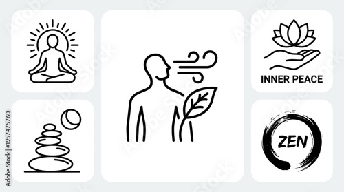 A collection of calming line art icons illustrating meditation, zen practices, mindful breathing, inner peace, and personal wellness, perfect for promoting balance and tranquility