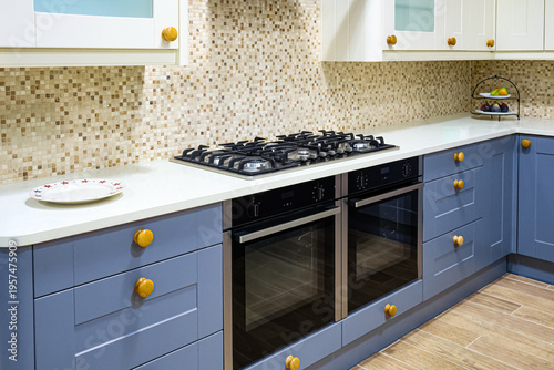Contemporary kitchen providing elegant blue lower cabinets paired with white upper cabinets, a built in cooktop, and multiple ovens