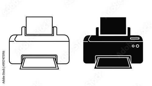 Simple line art illustrations of two printer designs in black and white