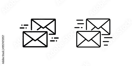 Two linear email delivery icons with multiple envelopes and speed lines, mail sending outline signs on white background, fast message transfer symbol