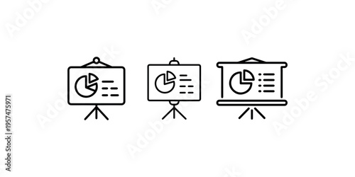 Three line art presentation board icons with pie chart and data, flip chart outline signs on white background, business analytics symbol