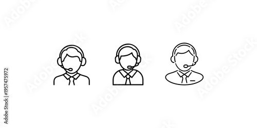 Three linear customer support icons, man with headset outline signs on white background, call center agent symbol for service