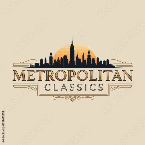 Retro Metropolitan Cityscape Silhouette with Skyscraper and Sunset Horizon