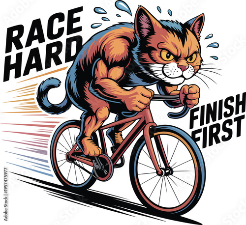 Funny Cat Riding Bicycle Vector Illustration, Motivational Quote Race Hard Finish First, Cartoon Animal Cyclist Design
