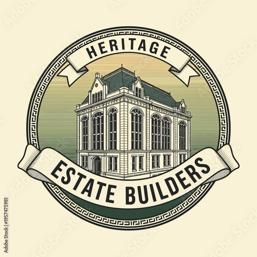 Vintage Circular Emblem with Ornate Classical Building and Heritage Estate Builders Text on Isolated White Background