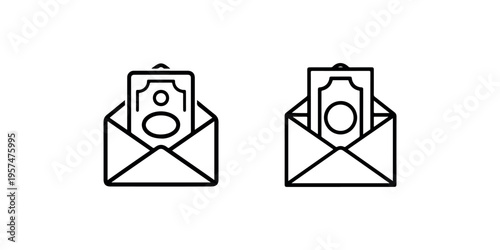 Envelope with paper money banknote icon set illustrating cash mail correspondence and financial gift delivery isolated on white background graphic vector
