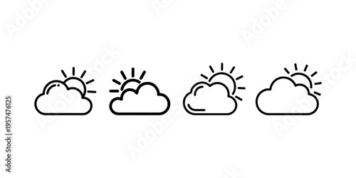 Sun and cloud icon vector set. weather forecast symbol. partly cloudy. cloudy with sun. summer weather. black and white outline illustration isolated on white background