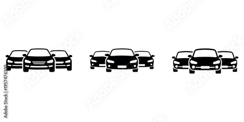 Automobile fleet silhouette collection showing front view of three cars for vehicle rental services and automotive transportation dealership business icons