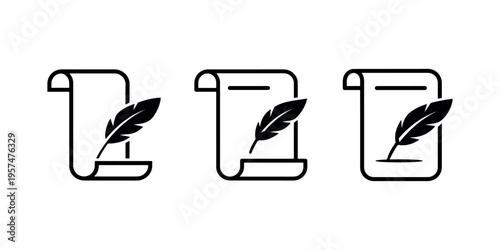Antique scroll paper with quill pen icons for historical document writing and classic literature concepts representing law or heritage manuscripts design