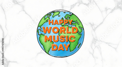Happy World Music Day celebration with globe on marble background transparent background