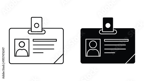 Black and white id badge icon set with clip on top for identification purposes