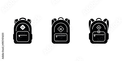 Student backpack bag silhouette icons for school education and outdoor travel accessories illustrating classic rucksack designs for back to school themes