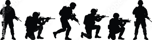 Military soldiers silhouettes set, armed army troops in tactical positions, combat poses, defense forces, security operations, isolated on white background