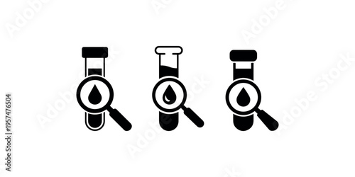 Medical test tube with magnifying glass and drop icon set for blood analysis research and laboratory diagnostics in healthcare and scientific industries