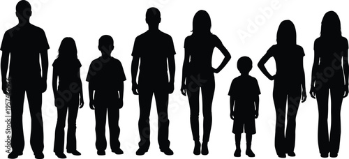 people, silhouettes, group, men, women, children, standing, diverse, community, family, black, vector, illustration, isolated, white, background, collection, human, set, concept